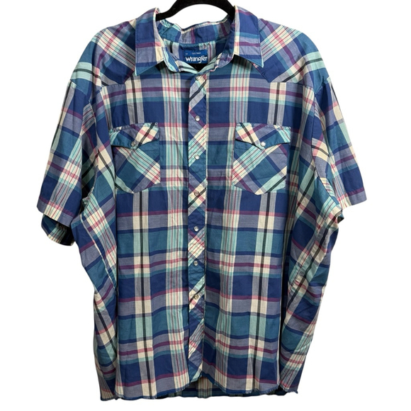 Wrangler Other - Vintage Y2K Big Man Wrangler Pearl Snap Plaid Western Shirt Size 3X Blue